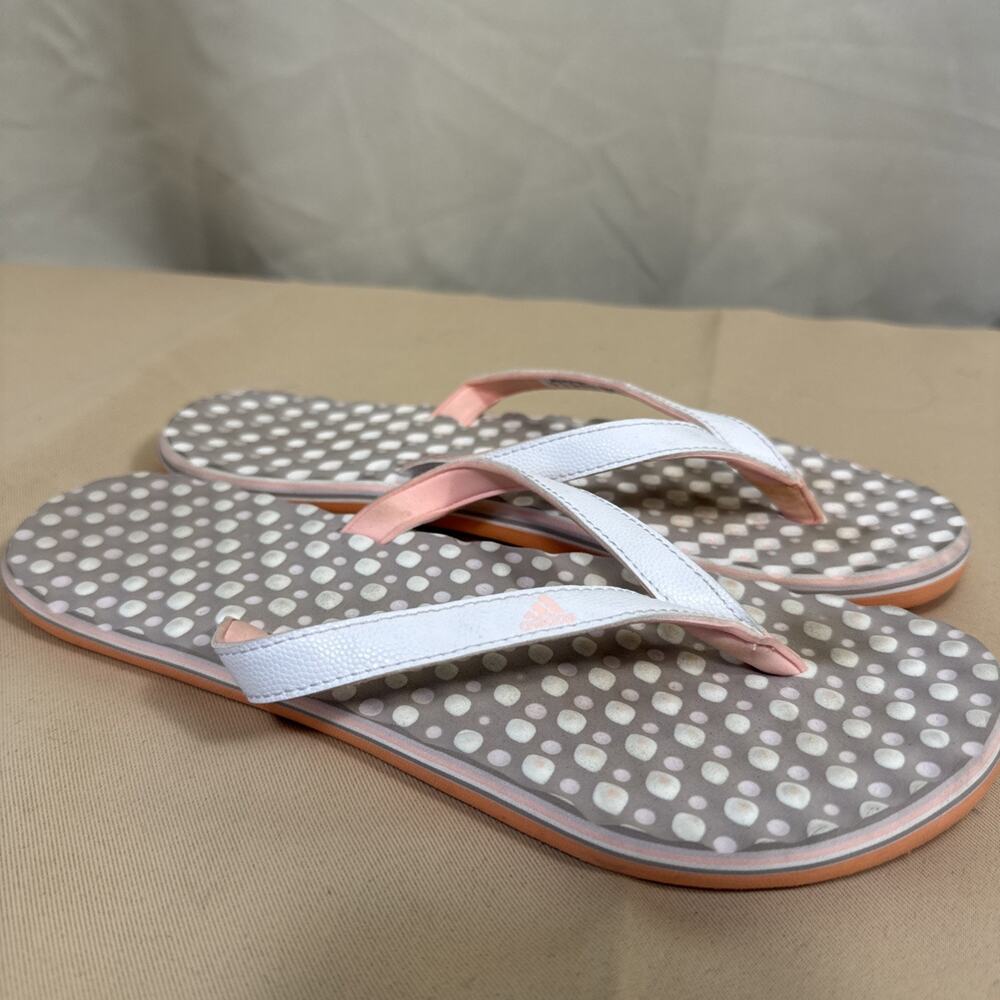 Adidas Womens Size 7 Flip Flops BY2452 Gray Pink White Polka Dot Thong Sandals